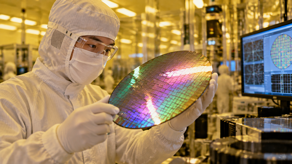 Insinyur semikonduktor menginspeksi wafer silikon di dalam ruang bersih pabrik foundry Samsung.