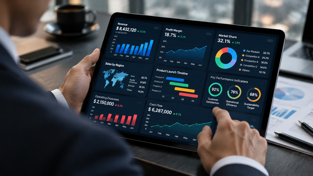 Dasbor digital yang menampilkan tujuh metrik kunci yang dipantau investor dari perusahaan teknologi.