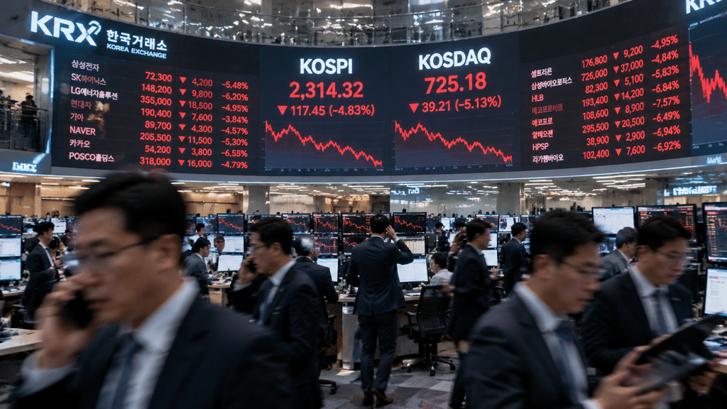Suasana bursa saham dengan papan indikator merah yang menunjukkan aksi jual saham.