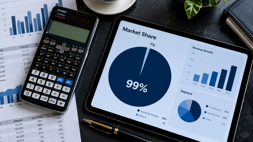 Analisis perhitungan margin operasi dan dominasi divisi chip Samsung melalui kalkulator finansial dan tablet.